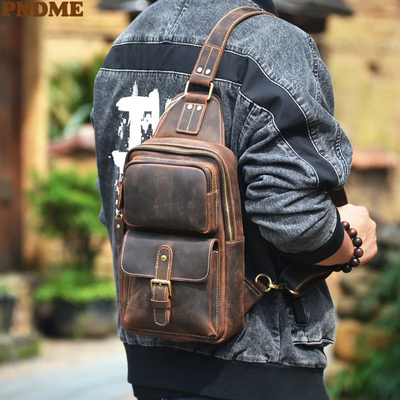 Top Trends: PNDME Vintage Crazy Horse Cowhide Men&#039;s Chest Bag Fashion Outdoor Daily Travel Natural Genuine Leather Multi-pocket Shoulder Bag Shoppable Styles