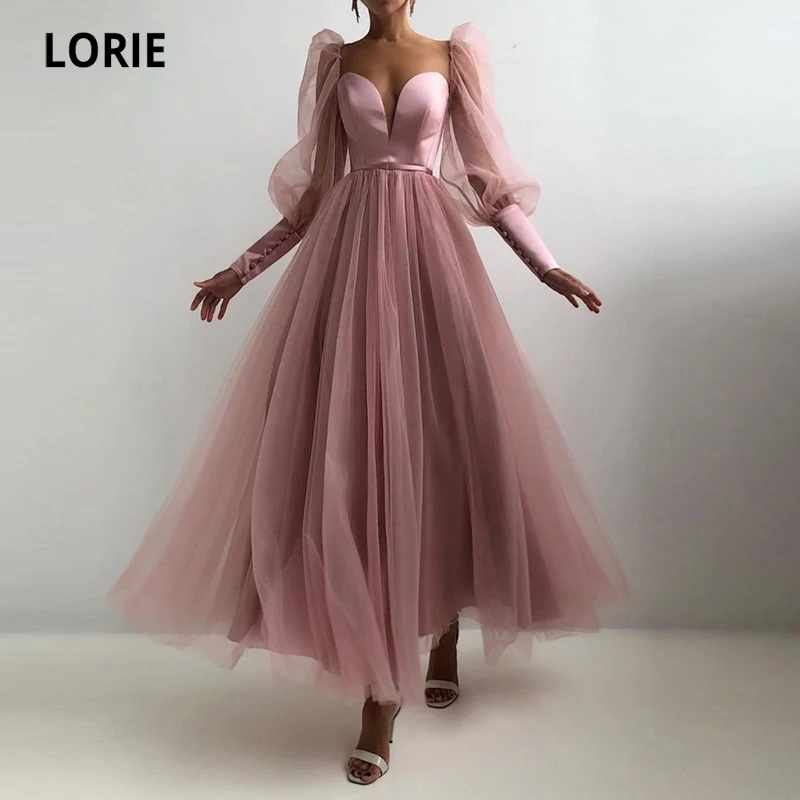 Top Trends: LORIE Dusty Pink Prom Gowns Sweetheart Puff Long Sleeves Tulle A-Line Arabic Evening Dress Wedding Party Dress For Graduation Shoppable Styles