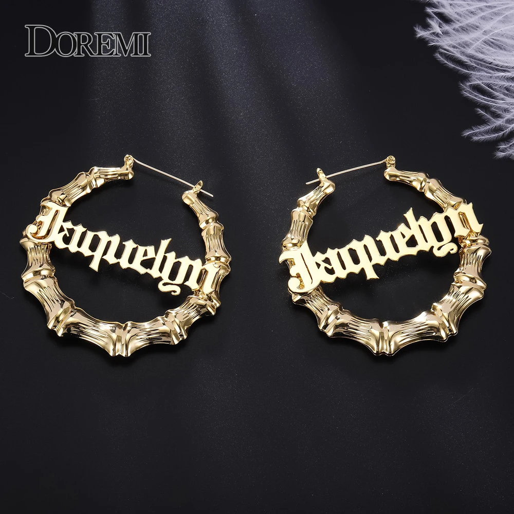 Top Trends: DOREMI Stainless Steel Bamboo Hoop Earrings Customize Name Earrings Bamboo Style Custom Hoop Earring With Statement Words Number Shoppable Styles