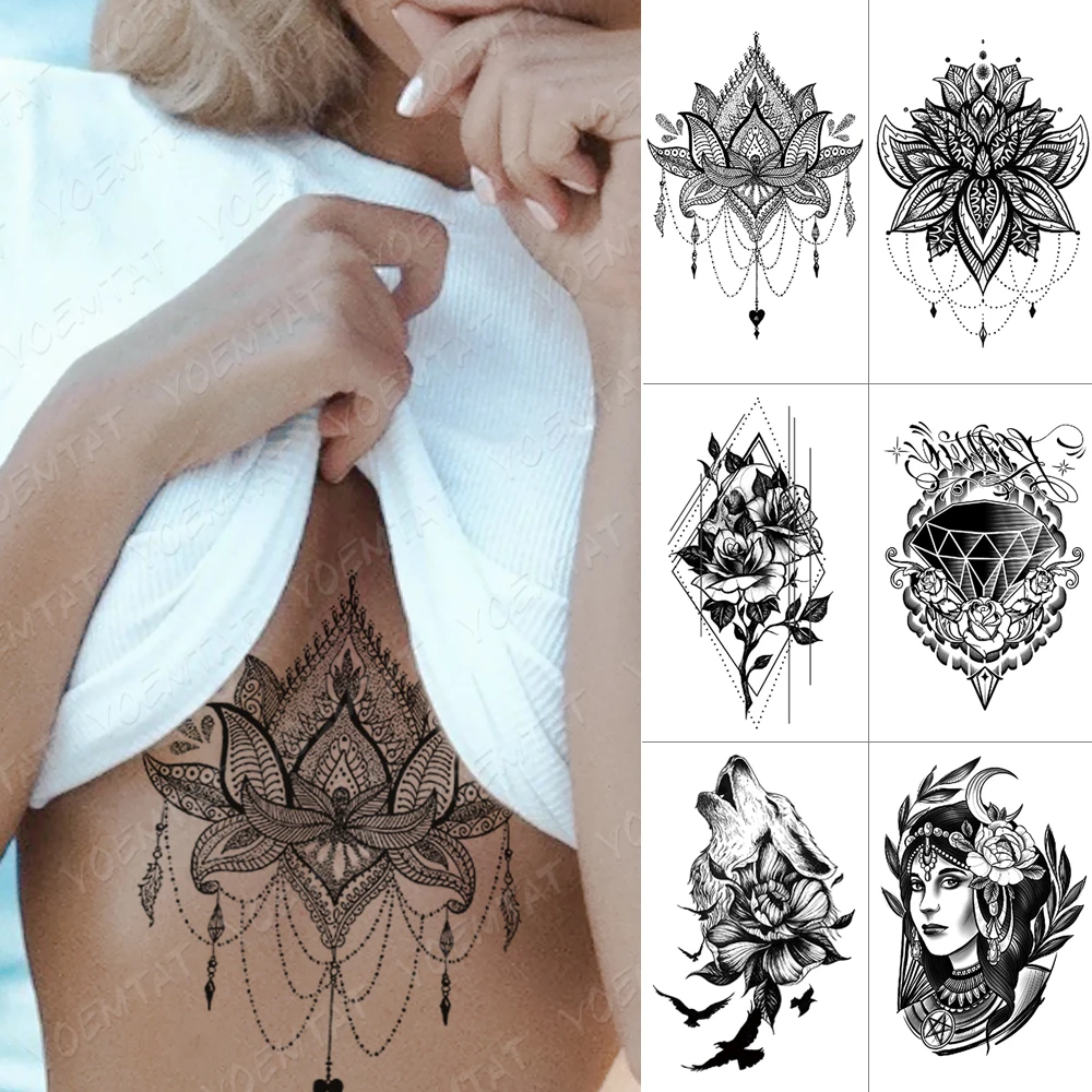 Top Trends: Waterproof Temporary Tattoo Sticker Chest Lace Henna Mandala Flash Tattoos Wolf Diamond Flower Body Art Arm Fake Tatoo Women Men Shoppable Styles