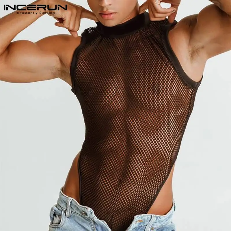 Top Trends: INCERUN Men&#039;s Fashion Sleeveless Bib Pants Breathable Mesh Sexy Leisure Bodysuits Comfortable Homewear Triangle Jumpsuit S-5XL 7 Shoppable Styles