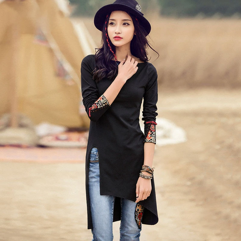 Top Trends: Ethnic Vintage Clothes Long Sleeve Tees Women Side Split T Shirt Designer Embroidery Tops Plus Size Long Shirt Tunics Top Shoppable Styles