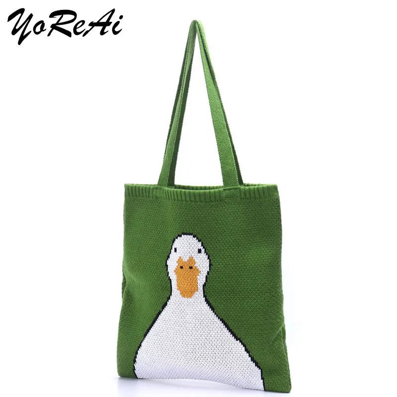 Top Trends: YoReAi Women Knitting Shoulder Bags Cute Duck Ladies Cartoons Handbag Casual Tote Literary BookBag Wool Shopping Bag For Girls Shoppable Styles