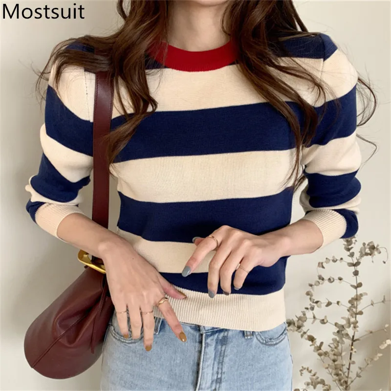 Top Trends: 2023 Autumn Korean Knitted Striped Pullover Sweater Women Long Sleeve O-neck Vintage Fashion Casual Female Tops Sweaters Shoppable Styles