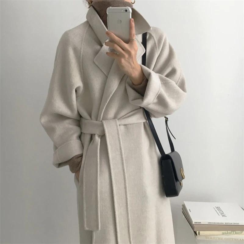 Top Trends: Women Autumn Winter Elegant Woolen Coat Casual Loose Solid Vintage Overcoat With Belted Female Fashion Warm Outerwear Clothes Shoppable Styles