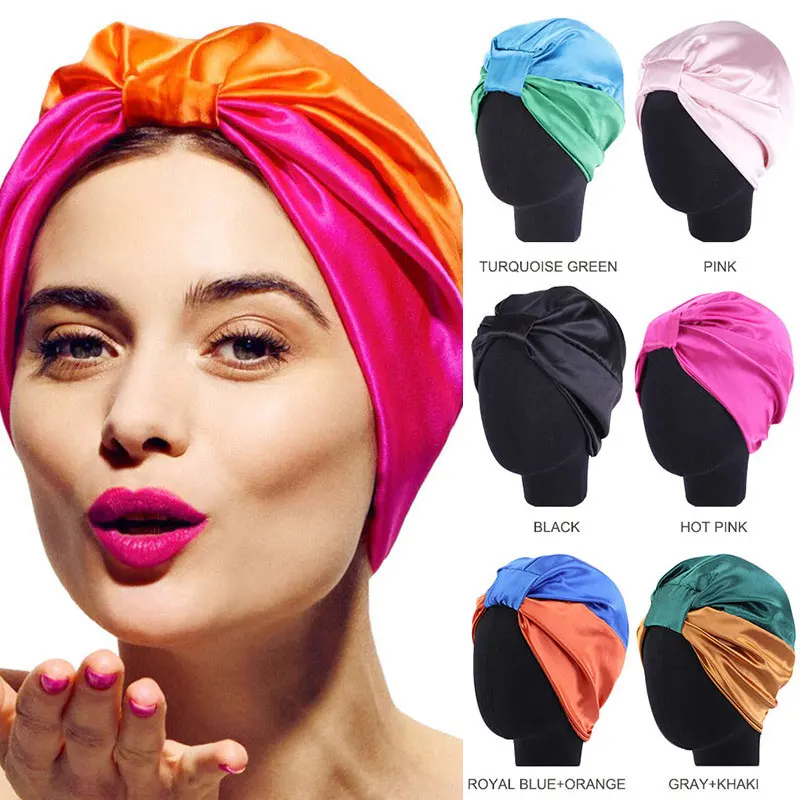 Top Trends: Fashion Elastic Satin Turban For Hair Women Muslim Silk Wrap Head Caps Lady Sleeping Hat Female India Hat Turbante Mujer Shoppable Styles