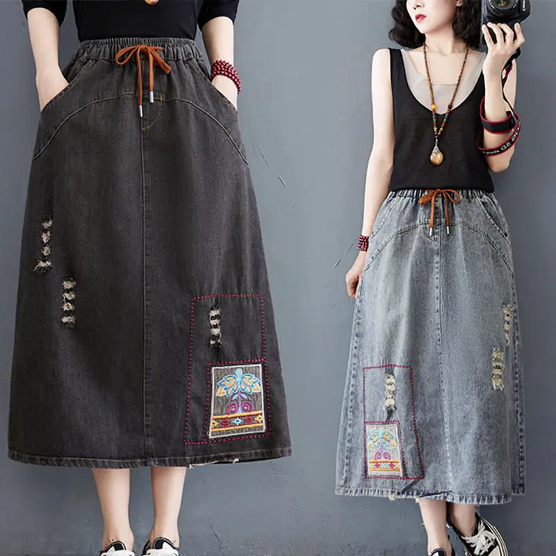 Top Trends: Vintage 2021 Summer New Loose Hole Patch Embroidered Denim Skirt Female High Waist A-Line Skirt Jeans Saia Mujer Faldas Zh716 Shoppable Styles