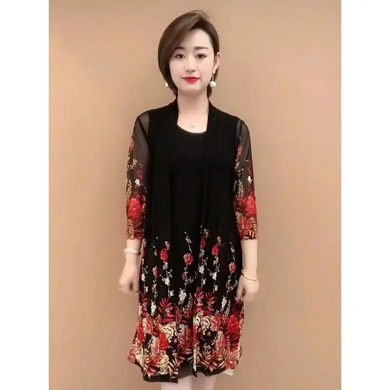 Top Trends: Suit / Single Piece Women Print Cardigan Jacket And Dress Sets Mother Half Sleeves Two Piece Suit Mom Summer Dress Elegant 45 Shoppable Styles