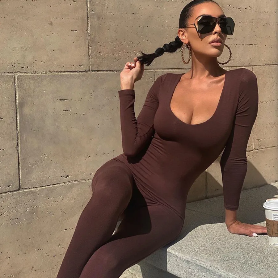 Top Trends: Basic Bodycon Jumpsuit For Women Casual Brown Fitness Rompers 2021 Spring Basic Playsuit Activity Streetwear Overalls Shoppable Styles