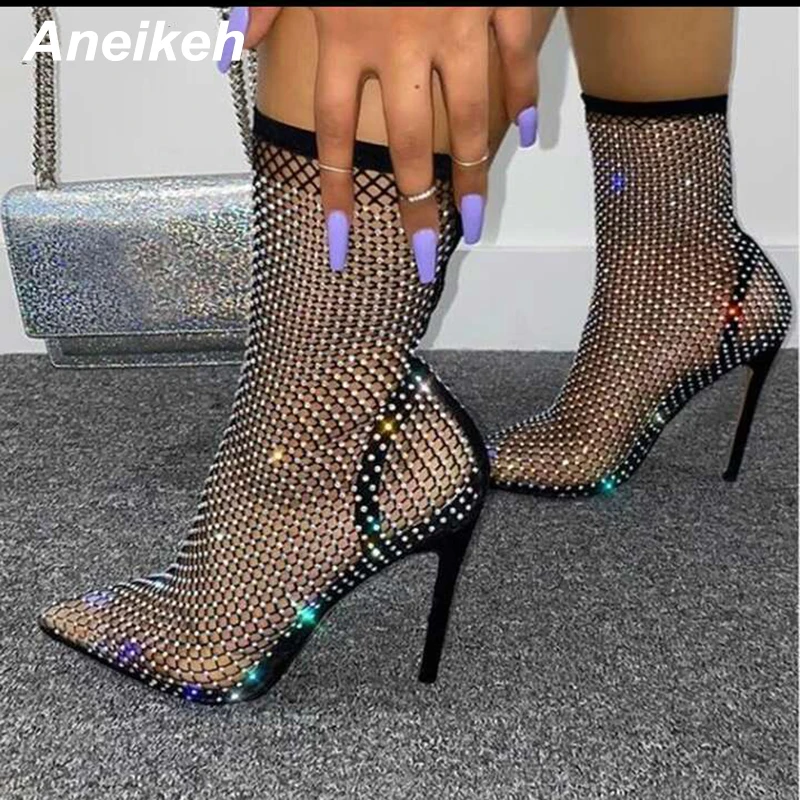 Top Trends: Aneikeh Summer Bling Bling Rhinestone Mesh Pointed Toe Sandals Ankle Boots Stiletto High Heels Female Crystal Mesh Shoes Sandals Shoppable Styles