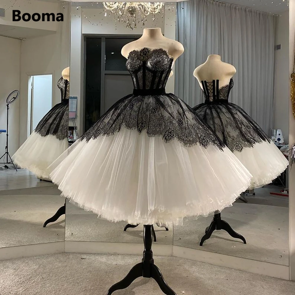 Top Trends: Booma Simple Ball Gown Short Prom Dresses Strapless Black Lace Top Tea-Length Evening Gowns Fluffy Skirt Formal Party Dresses Shoppable Styles