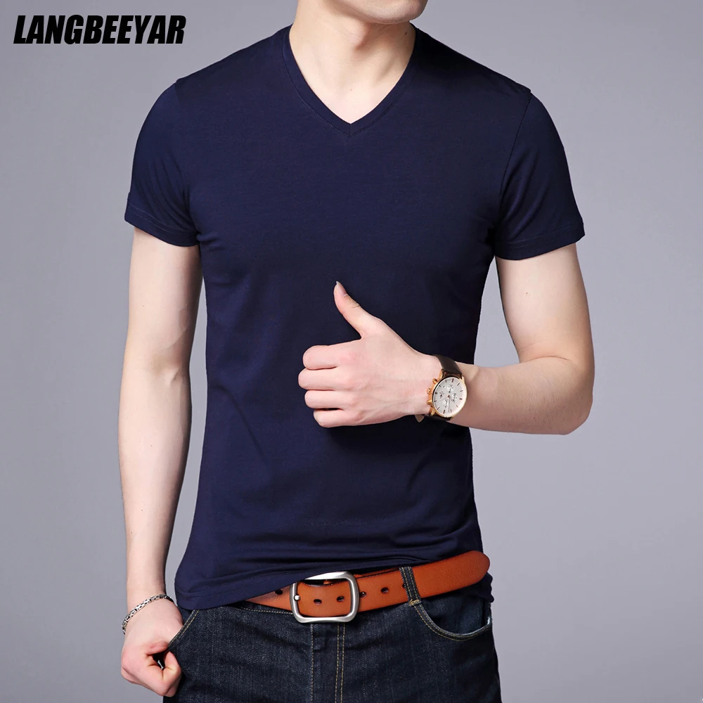 Top Trends: 2023 Summer Brand Tops 95% Cotton 5% Spandex T Shirt For Men V Neck Plain Solid Color Short Sleeve Casual Fashion Mens Clothes Shoppable Styles