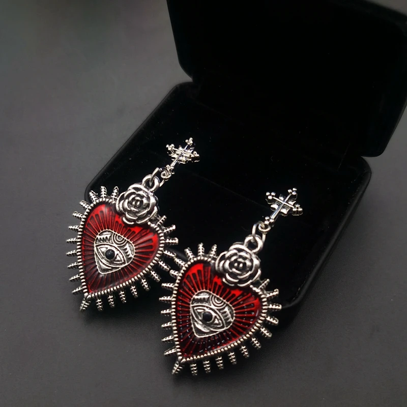 Top Trends: New Cross Occult Diablo Goth Piercing Drop Earrings Personality Rose Heart Oil Gothic Women&#039;s Earings Retro Hanging Jewellry Shoppable Styles