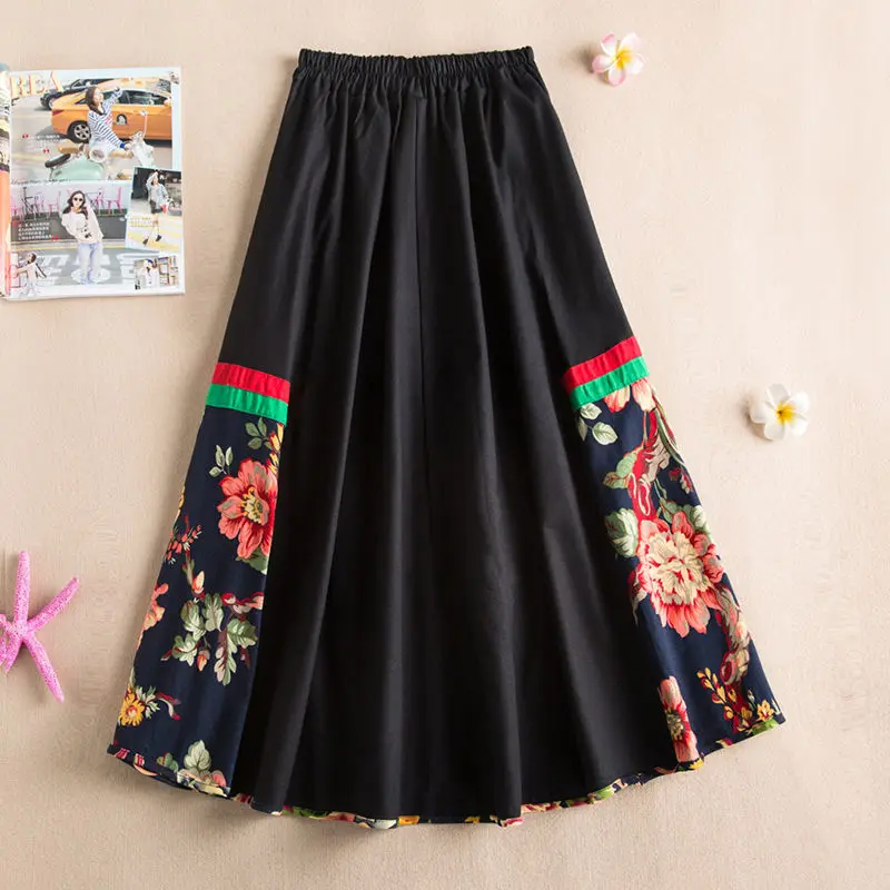 Top Trends: Floral Embroider Long Skirt For Women Cotton Linen Ethnic A-Line Midi Skirt Female Full Circle Dance Skirts Autumn Clothes Shoppable Styles - Image 2