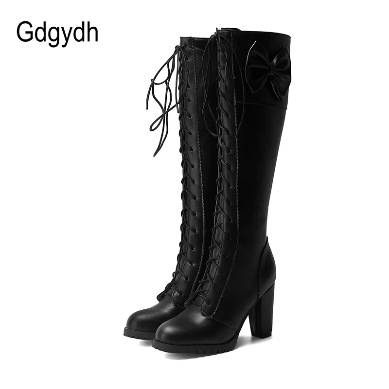 Top Trends: Gdgydh 2022 Autumn Winter Women Knee-High Motorcycle Boots Thick Heel Platform Bow-knot Female Wedding Boots Plus Size 48 Gothic Shoppable Styles