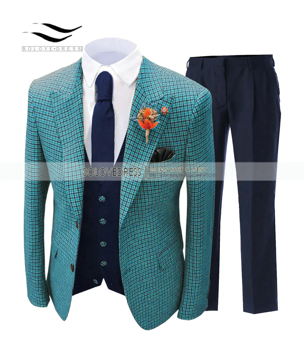 Top Trends: Men's Suits Teal Formal Regular Fit Plaid Wool Tweed Prom Tuxedos 3 Piece Solid Suit Best Man For Wedding (Blazer+ Vest+ Pants) Shoppable Styles