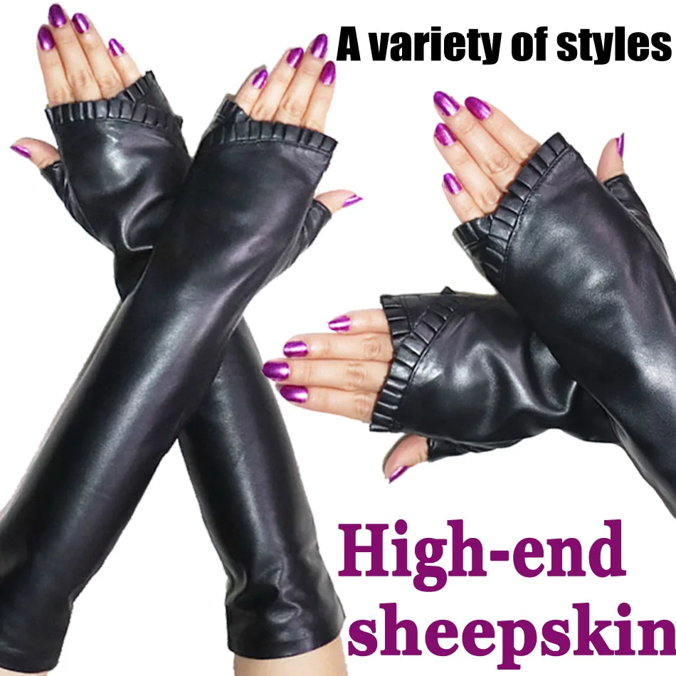 Top Trends: Leather Gloves Female Sheepskin Long Winter Warm Arm Protection Fingerless Long Half Finger Gloves Wrist Elbow Leather Sleeves Shoppable Styles