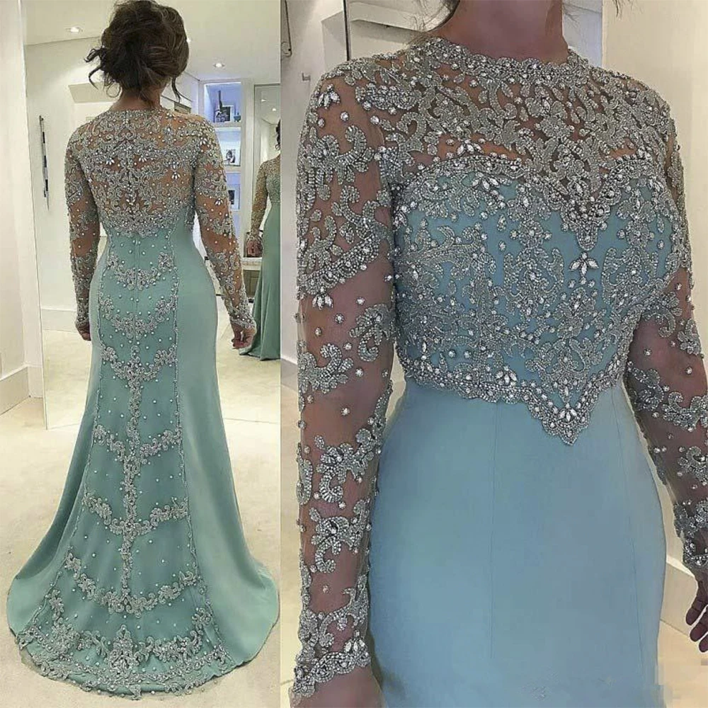 Top Trends: Rhinestones Beaded Appliques Mother Of The Bride Dresses Mint Green Mermaid Wedding Dress Long Sleeve Formal Evening Gowns Shoppable Styles