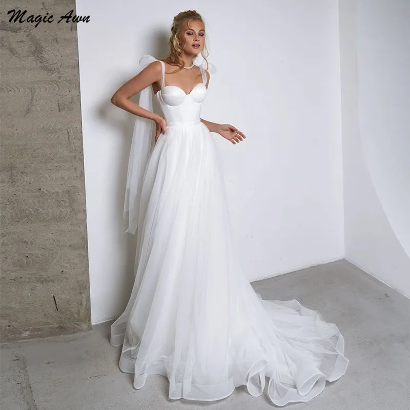 Top Trends: Magic Awn Simple White Tulle Wedding Dresses Boho Bow Spaghetti Straps A-Line Beach Wedding Party Gowns Abito Da Sposa 2021 Shoppable Styles