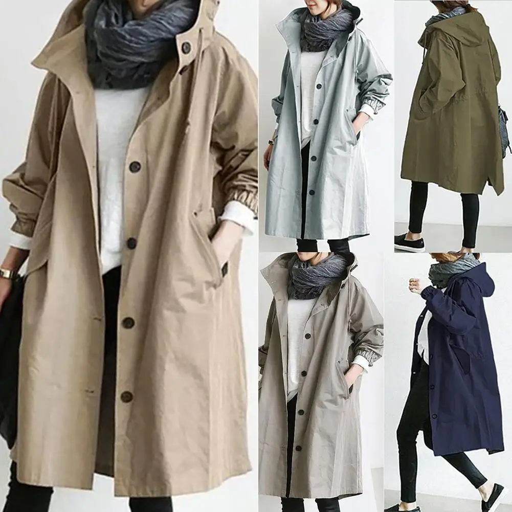 Top Trends: 2020 Women Autumn Solid Color Pocket Hooded Windbreaker Long Trench Coat Outerwear Women&#039;s Clothing женская куртка Femme Veste Shoppable Styles