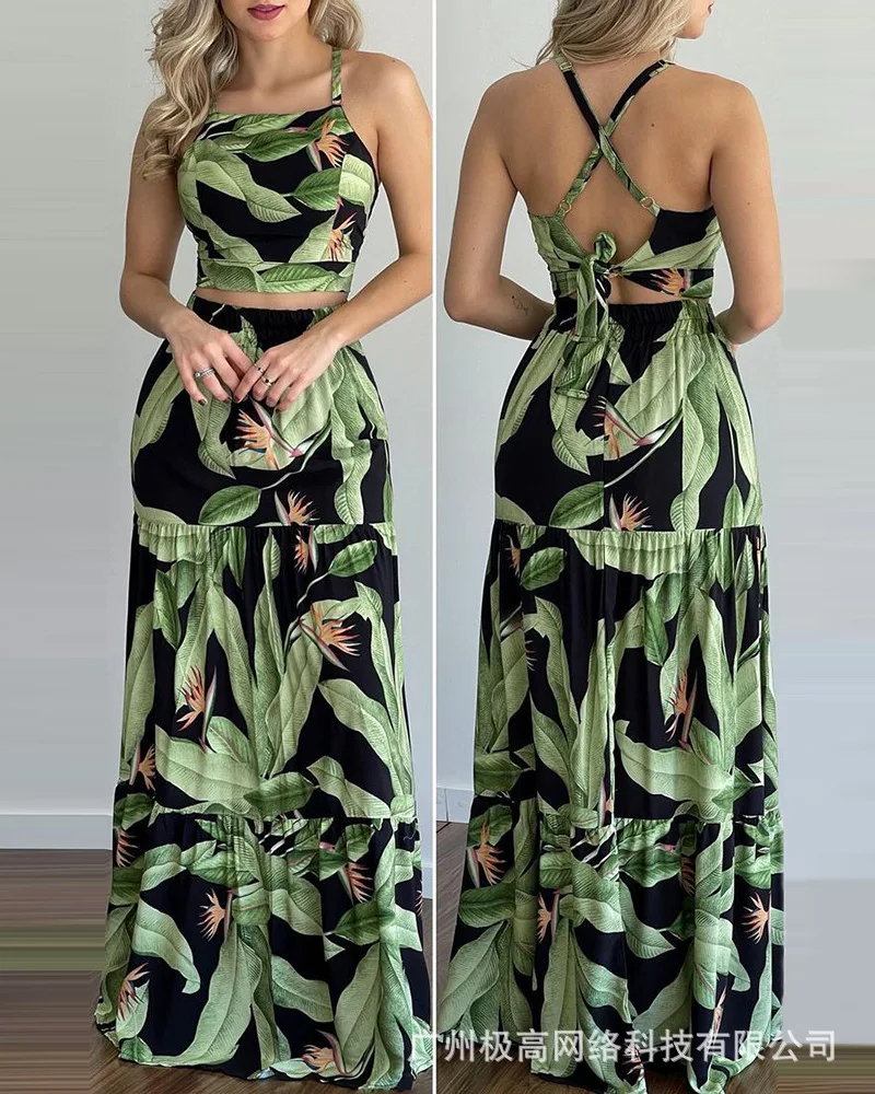 Top Trends: Women&#039;s Sexy Sleeveless Bohemian Skirt Set 2024 Summer Fashion Elegant New Green Print Dress Sets Shoppable Styles