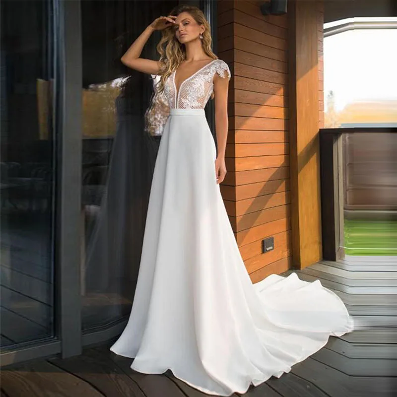 Top Trends: Boho Deep V-Neck Wedding Dress For Bride 2022 Elegant Lace Appliques Backless Chiffon Robe De Mariée Custom Made Real Photo Shoppable Styles