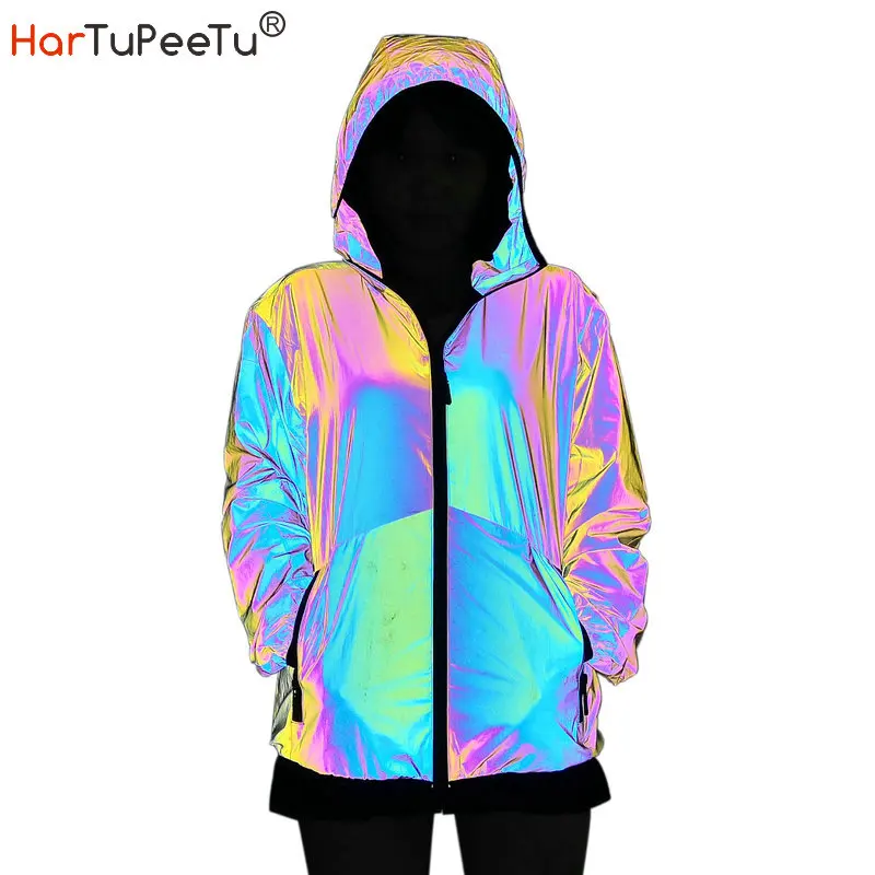 Top Trends: Women Autumn Hooded Reflective Jacket Rainbow Coat Hip Hop Rap Dance Zipper Soft Fabric Girls Safe Wear Dropshipping Shoppable Styles