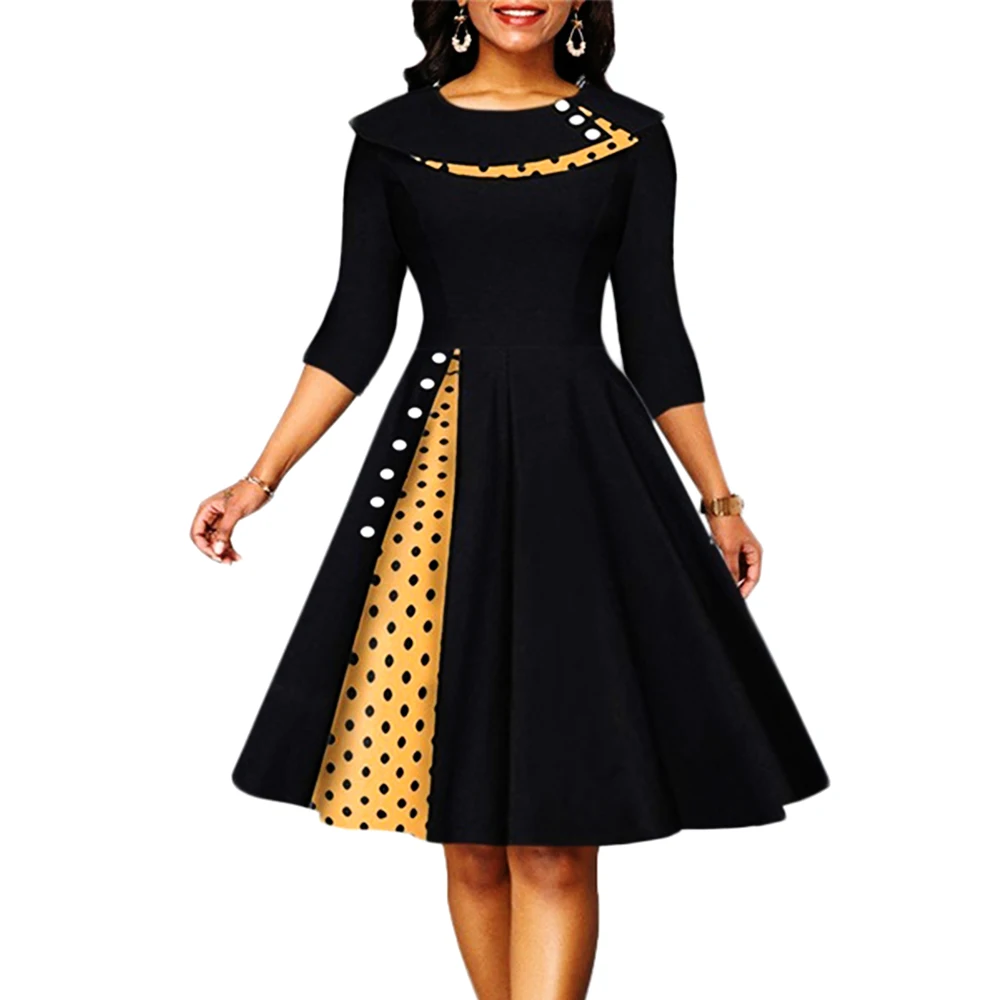 Top Trends: Vintage Dress For Women Rockabilly Polka Dot Print Sexy Patchwork Long Sleeve High Waist Swing Casual Party Midi Vestidos Robe Shoppable Styles