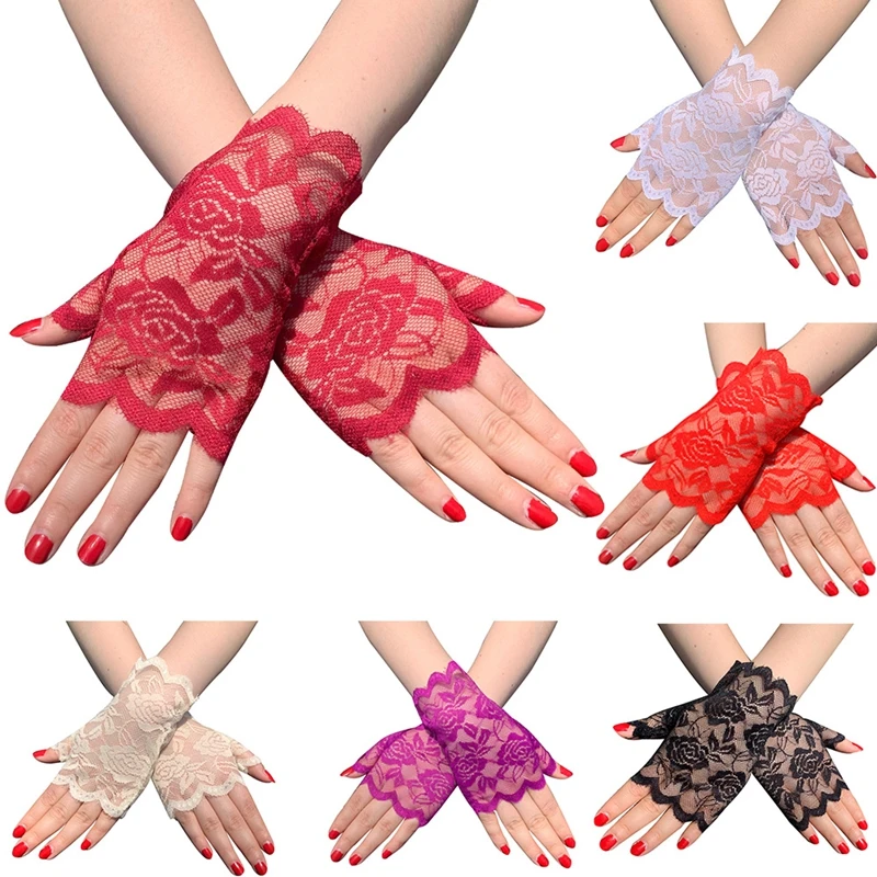 Top Trends: Women Fingerless Gloves Sexy Lace Dance Mittens For Bride Ladies Half Finger Fishnet Short Gloves Halloween Gloves Shoppable Styles