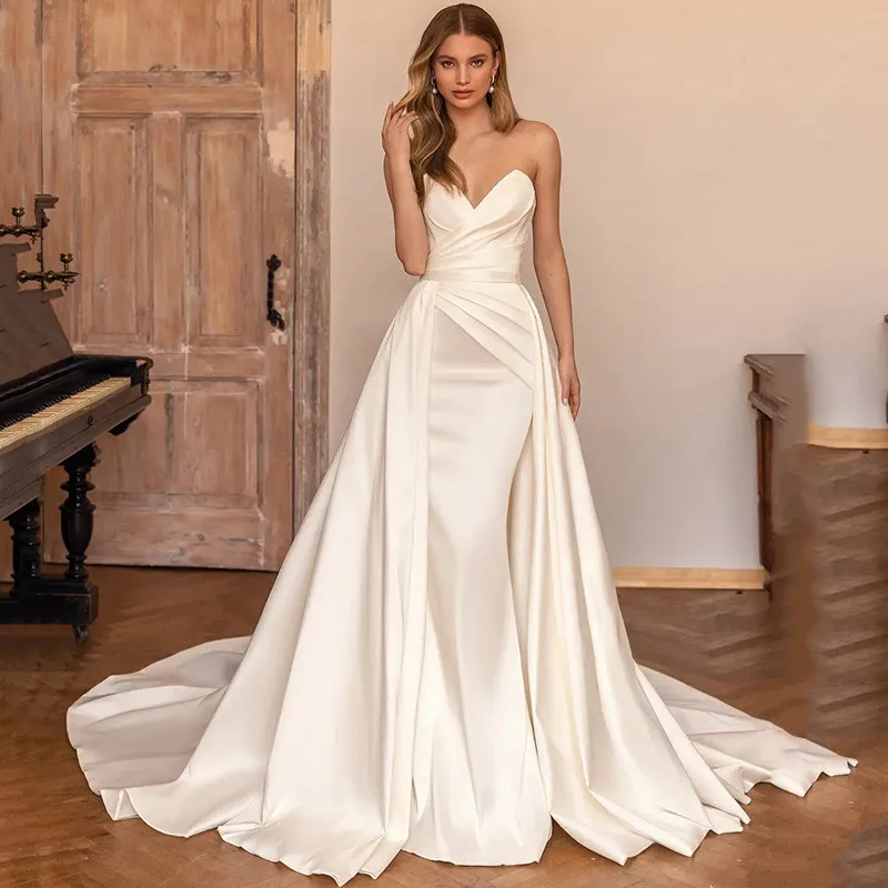 Top Trends: Elegant Ivory Detachable Train Wedding Dresses Mermaid Satin Church Bride Dress 2022 Women Wedding Gowns Vestido De Noiva Sereia Shoppable Styles