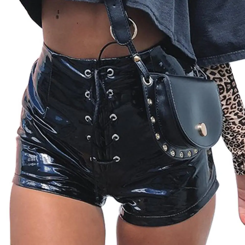 Top Trends: Sexy Women Shorts Solid Color Faux Leather Exquisite Eyelet Cross Bandage High Waist Slim Wear-resistant Shorts Summer 2021 Shoppable Styles