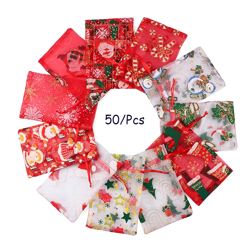 Top Trends: 50 PCS 10 X 15cm 13x18cm Christmas Drawstring Organza Gift Bag Pouches Party Women's Wedding Candy Shell Chocolate Gift Bag Shoppable Styles