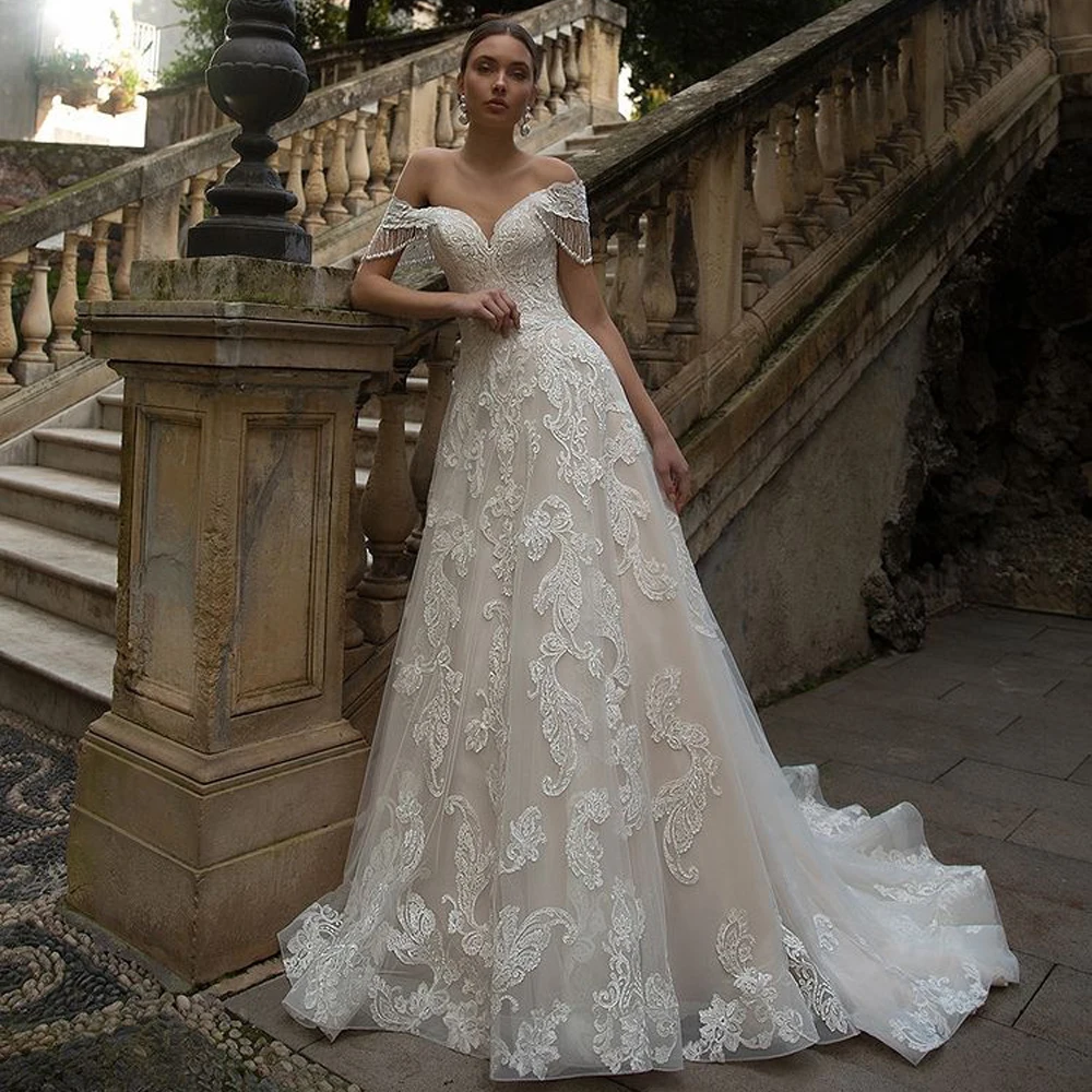 Top Trends: Exquisite Princess Wedding Dress Custom Off The Shoulder Lace A Line Bridal Gown Vestido De Noiva Sweep Train Dresses Shoppable Styles