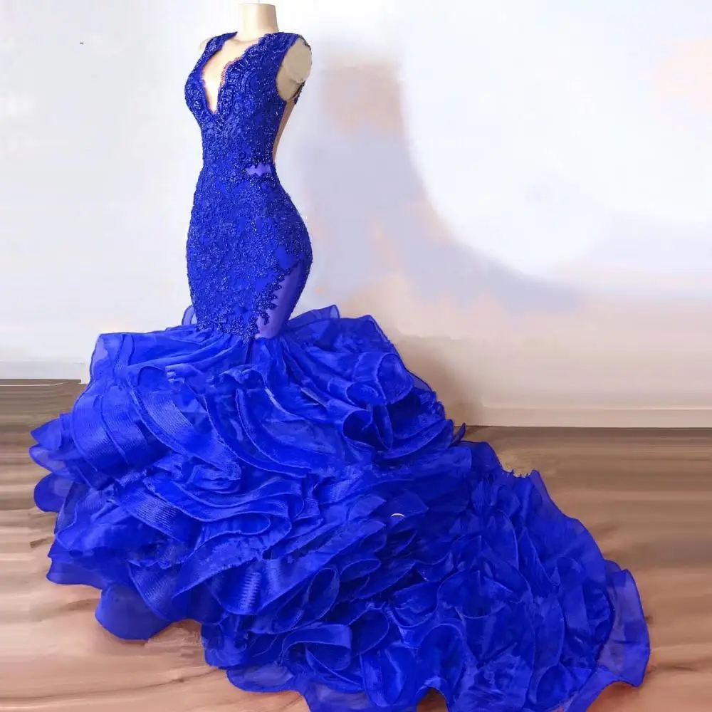 Top Trends: Luxury Royal Blue Lace Beaded Mermaid Evening Dresses Puffy Bottom Ruffles Long Prom Gowns Sexy Party Vestido Formatura Shoppable Styles