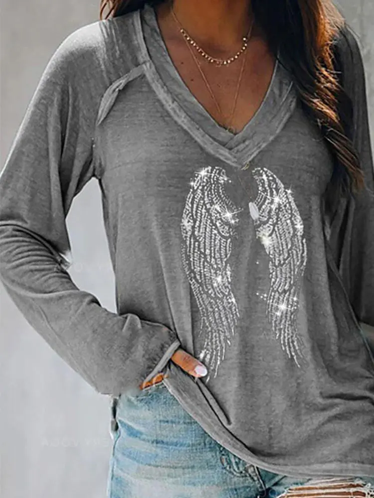 Top Trends: Spring Summer Casual V Neck Loose Oversize Tee Shirt Gary Glitter Studded Wing Pattern Long Sleeve Top Blusas Y Camisas Shoppable Styles