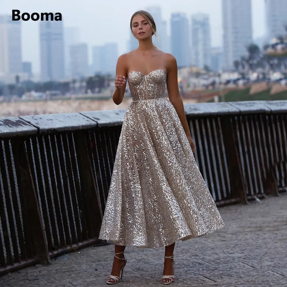 Top Trends: Booma Glitter Sequin Lace Prom Dresses Sweetheart A-Line Short Prom Gowns Open Back Sleeveless Tea-Length Formal Party Gowns Shoppable Styles