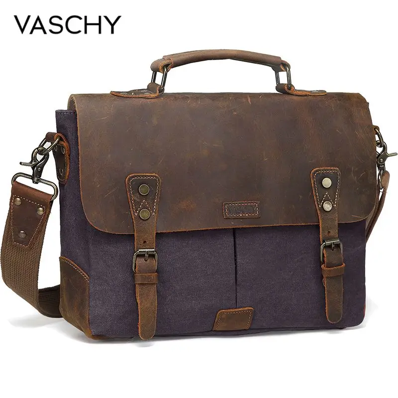 Top Trends: VASCHY Messenger Bag Men Leather Genuine Leather Canvas 14inch Laptop Briefcase Crossbody Satchel Bag For Men Shoppable Styles