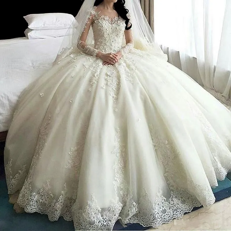 Top Trends: Hot Sale Dubai Crystal Flowers Ball Gown Wedding Dresses 2021 New Long Sleeve Muslim Lace Appliques Wedding Gowns Bridal Dress Shoppable Styles