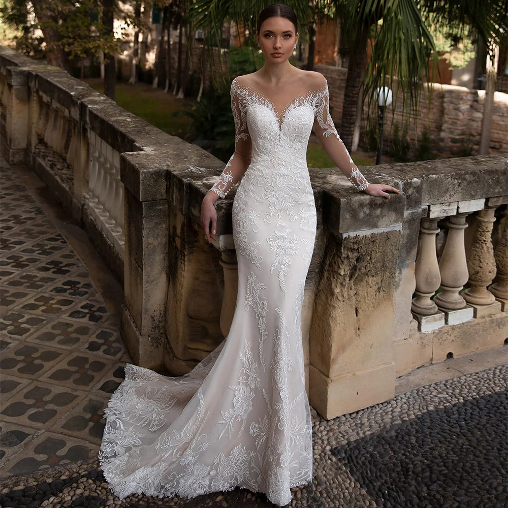 Top Trends: Mermaid Wedding Dresses 2022 Illusion Backless Full Sleeves Sexy Gowns Lace Appliqued Crystal White Elegant Bridal Shoppable Styles