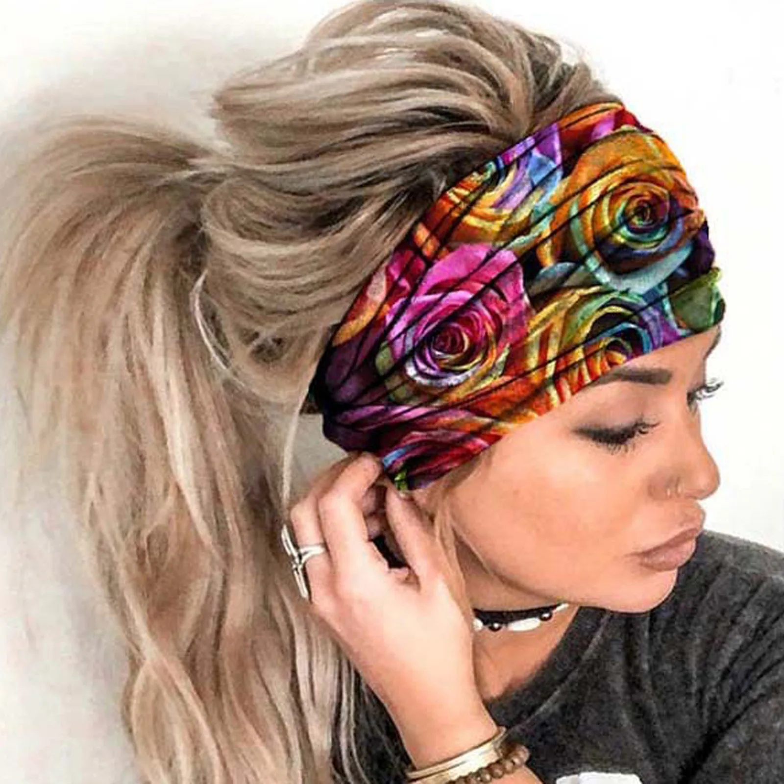 Top Trends: Boho Stretch Headwrap Women Rose Flower Print Headband Elastic Head Wrap Hair Band Bandana Headband Wide Scarf Turban 2022 Shoppable Styles