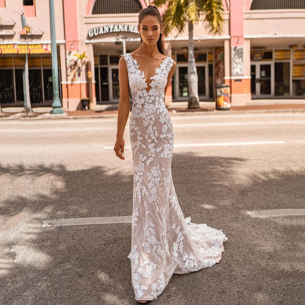 Top Trends: UZN Elegant Wedding Dress Mermaid Illusion Scoop Neckline Lace Floral Appliques Satin Bridal Gowns Sexy Backless Brides Dress Shoppable Styles