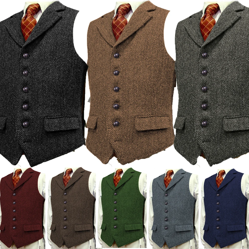 Top Trends: Men&#039;s Wool Tweed Slim Fit Leisure Cotton Burgundy Vest Gentleman Herringbone Business Brown Waistcoat Blazer For Wedding Groom Shoppable Styles