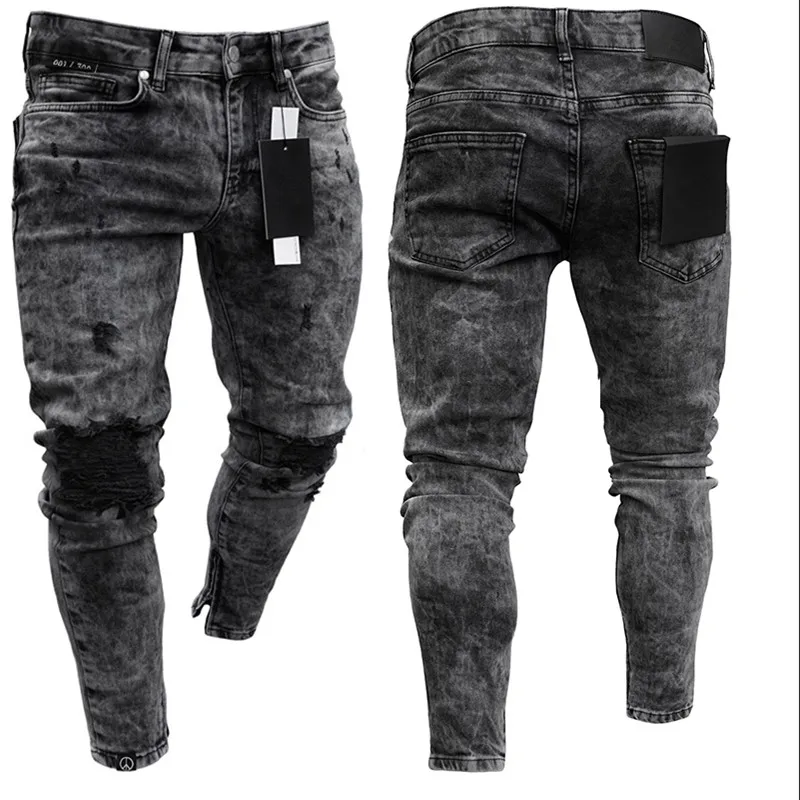 Top Trends: Biker Jeans Men's Distressed Stretch Ripped Biker Jeans Men Hip Hop Slim Fit Holes Punk Jeans Zipper Pure Color Denim Pants Shoppable Styles