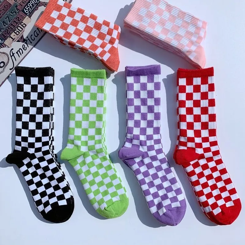 Top Trends: Korea Harajuku Fashion Check Socks Street Fashion Sports Print Skateboard Socks Hip Hop Geometric Checkerboard Hip Hop Socks Shoppable Styles