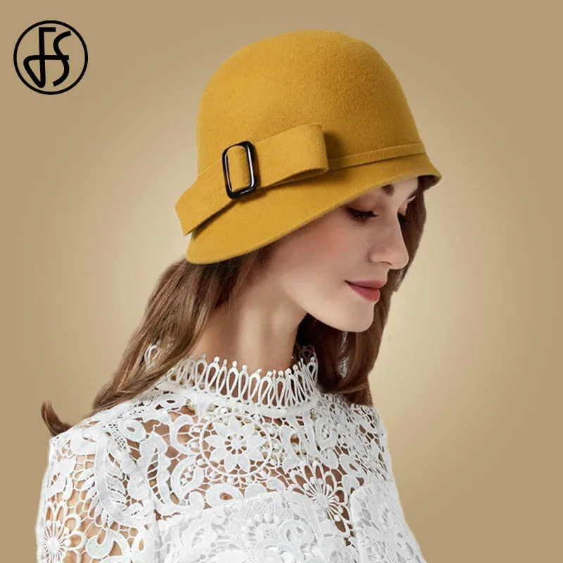 Top Trends: FS Women&#039;s Black Wool Felt Cloche British Top Bucket Hat With Bowknot Wide Brim Bowler Fedoras Ladies Yellow Floppy Derby Hats Shoppable Styles