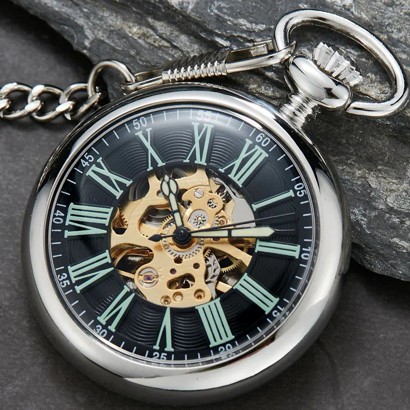 Top Trends: Hot Sale Antique Smooth Silver Skeleton Transparent Mechanical Pocket Watch For Men FOB Chain Hand Winding Reloj De Bolsillo Shoppable Styles