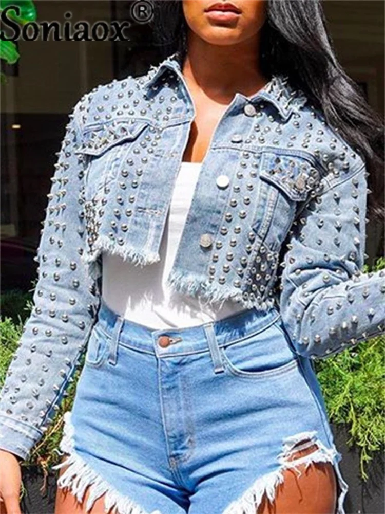 Top Trends: 2021 Sexy Rivet Denim Jackets Women Hole Boyfriend Style Long Sleeve Vintage Jean Jacket Autumn High Street Short Denim Coat Shoppable Styles