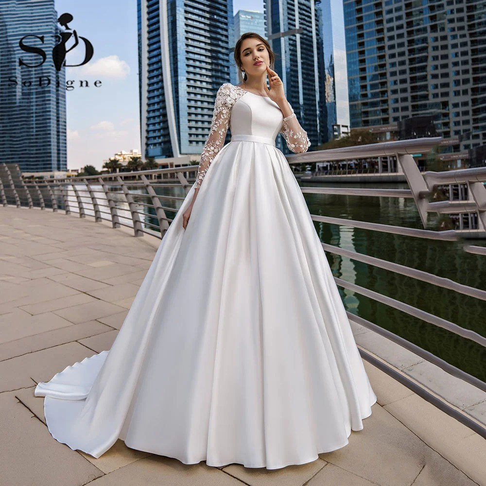 Top Trends: SoDigne Dubai Modest Wedding Dresses Lace Long Sleeve Satin Bride Dress With Belt Women Elegant Wedding Party Gowns Shoppable Styles