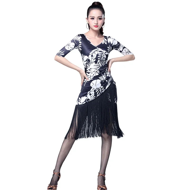 Top Trends: Women Sexy Mid Long Sleeve Printing Latin Dance Training Tassel Clothing Ballroom Dress Tango Modern Rumba Performance Dancewear Shoppable Styles - Image 3