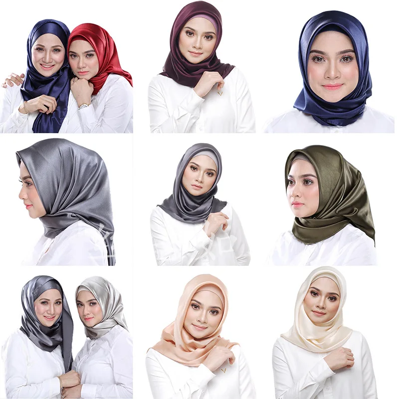 Top Trends: 25Colors Hijab Women Silk Square Scarf 90*90cm Satin Scarves Solid Wraps Autumn Winter Luxury Satin Scarves Muslim Head Scarf Shoppable Styles